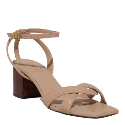 Sandália Couro Confort Salto Grosso Bico Quadrado Bege