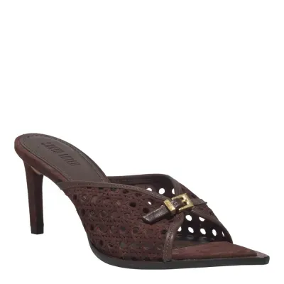 Mule Peep Toe Couro Camurça Tresse Salto Fino Marrom Dark