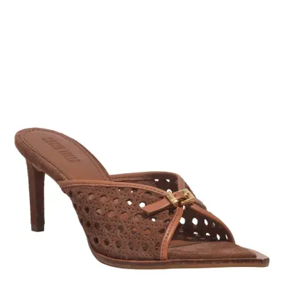 Mule Peep Toe Couro Camurça Tresse Salto Fino Marrom