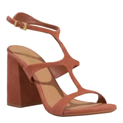 Sandália Couro Camurça Salto Grosso Marrom Safari