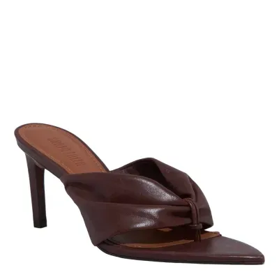 Mule Thong Couro Bico Folha Salto Fino Marrom Dark Cocoa