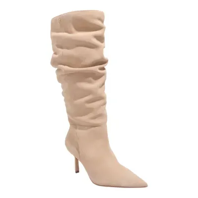 Bota Drapeado Couro Camurça Cano Longo Bico Fino Bege