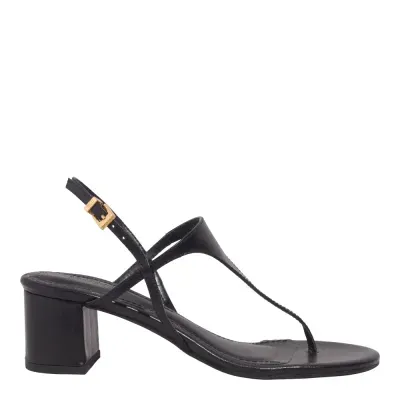 Sandália De Dedo Couro Salto Bloco Preta