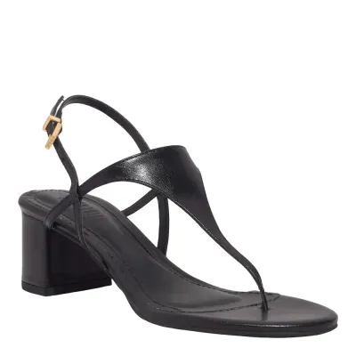 Sandália De Dedo Couro Salto Bloco Preta
