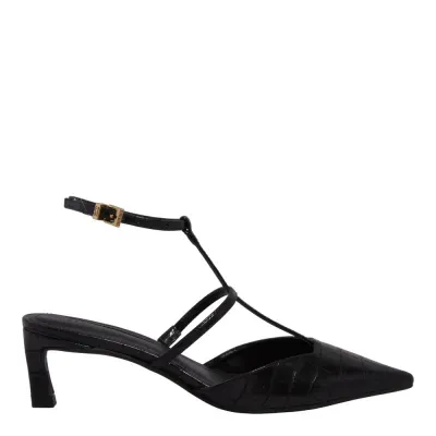 Scarpin Slingback Croco Salto Baixo Fino Preto