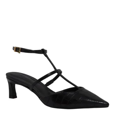 Scarpin Slingback Croco Salto Baixo Fino Preto