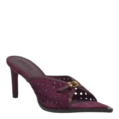 Mule Peep Toe Couro Camurça Tresse Salto Fino Roxo Berry