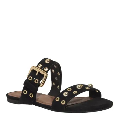 Rasteira Ilhós Couro Camurça Preta