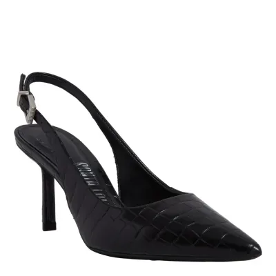 Scarpin Slingback Croco Salto Fino Preto
