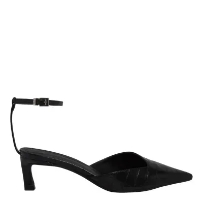 Scarpin Slingback Croco Salto Baixo Fino Preto