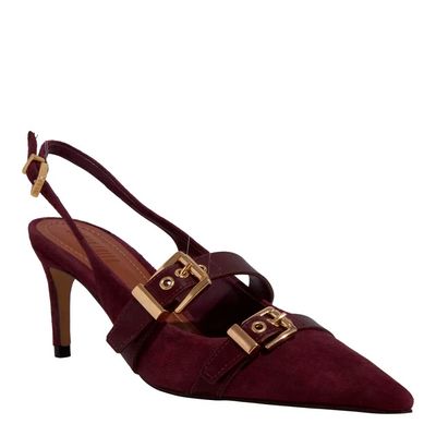 Scarpin Slingback Couro Camurça Salto Fino Roxo Berry