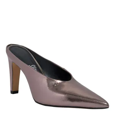 Mule Couro Metalizado Salto Alto Prata