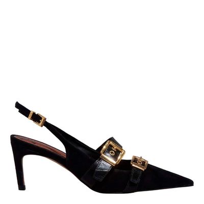 Scarpin Slingback Couro Camurça Salto Fino Preto