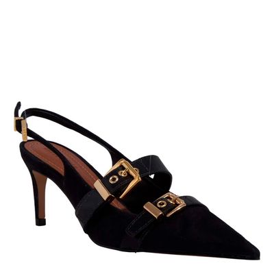 Scarpin Slingback Couro Camurça Salto Fino Preto
