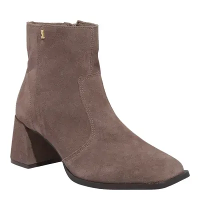 Bota Couro Camurça Cano Curto Salto Grosso Cinza