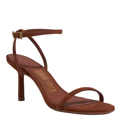 Sandália Couro Camurça Salto Alto Fino Marrom Safari