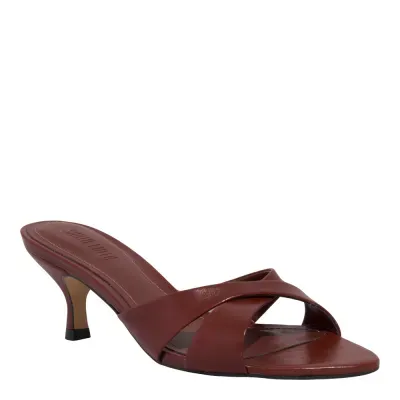 Mule Couro Nobre Soft Tiras Cruzadas Salto Taça Marrom Terracota