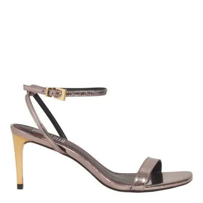 Sandália Couro Metalizada Salto Fino Prata