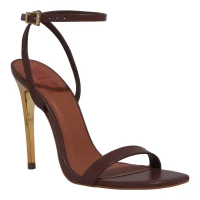 Sandália Couro Pelica Salto Alto Fino Marrom Dark