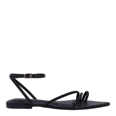 Rasteira Brilho Strass Bico Folha Preta