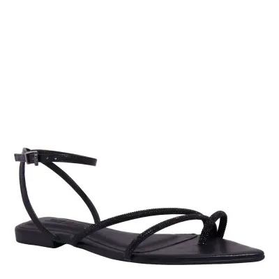 Rasteira Brilho Strass Bico Folha Preta