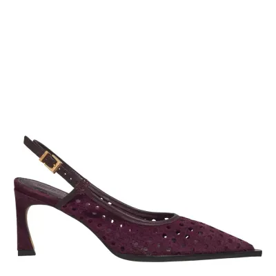 Scarpin Slingback Couro Camurça Tressê Salto Fino Roxo Berry