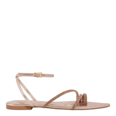 Rasteira Metalizada Brilho Strass Bico Folha Rosa