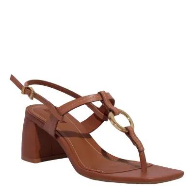 Sandália Thong Couro Soft Salto Bloco Marrom