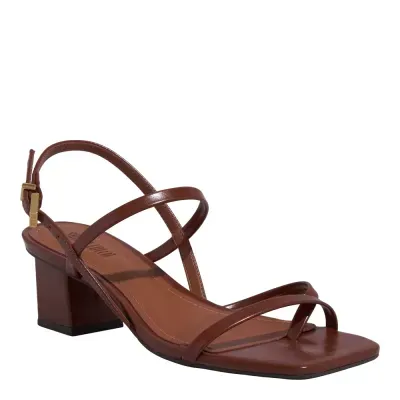 Sandália Napa Marrom Bico Quadrado Salto Bloco Baixo