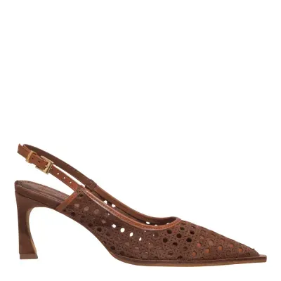 Scarpin Slingback Couro Camurça Tressê Salto Fino Marrom Safari
