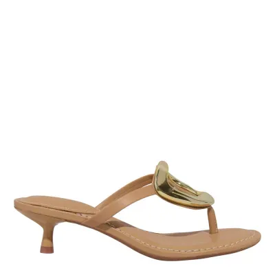 Mule Thong Couro Soft Metal Salto Taça Bege Sand