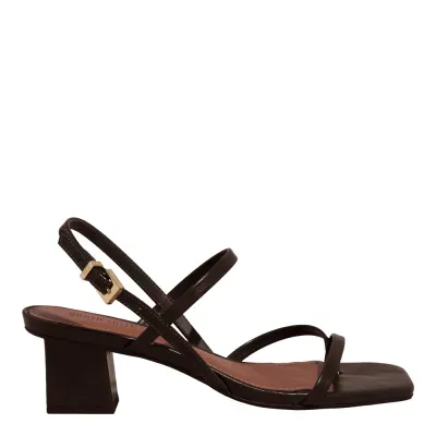 Sandália Napa Marrom Escuro Bico Quadrado Salto Bloco Baixo