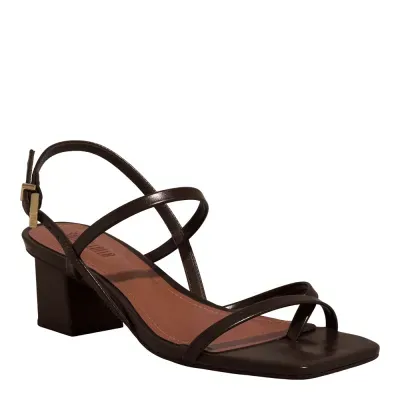 Sandália Napa Marrom Escuro Bico Quadrado Salto Bloco Baixo