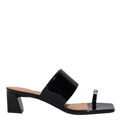 Mule Thong Verniz Preta Salto Grosso Baixo