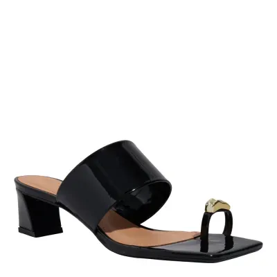 Mule Thong Verniz Preta Salto Grosso Baixo