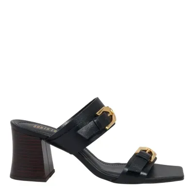 Mule Couro Preto Bico Quadrado Salto Bloco