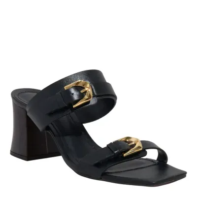 Mule Couro Preto Bico Quadrado Salto Bloco