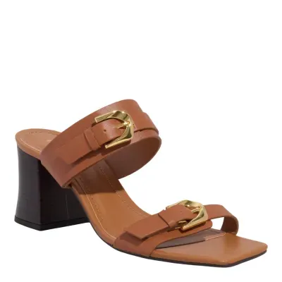 Mule Couro Caramelo Bico Quadrado Salto Bloco