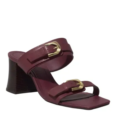 Mule Couro Roxo Berry Bico Quadrado Salto Bloco