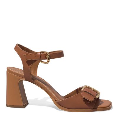 Sandália Couro Caramelo Bico Quadrado Salto Bloco