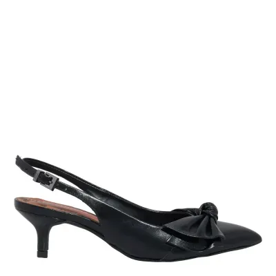 Scarpin Slingback Laço Couro Confort Preto Bico Fino Salto Baixo