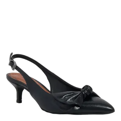 Scarpin Slingback Laço Couro Confort Preto Bico Fino Salto Baixo