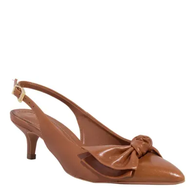 Scarpin Slingback Laço Couro Confort Marrom Safari Bico Fino Salto Baixo