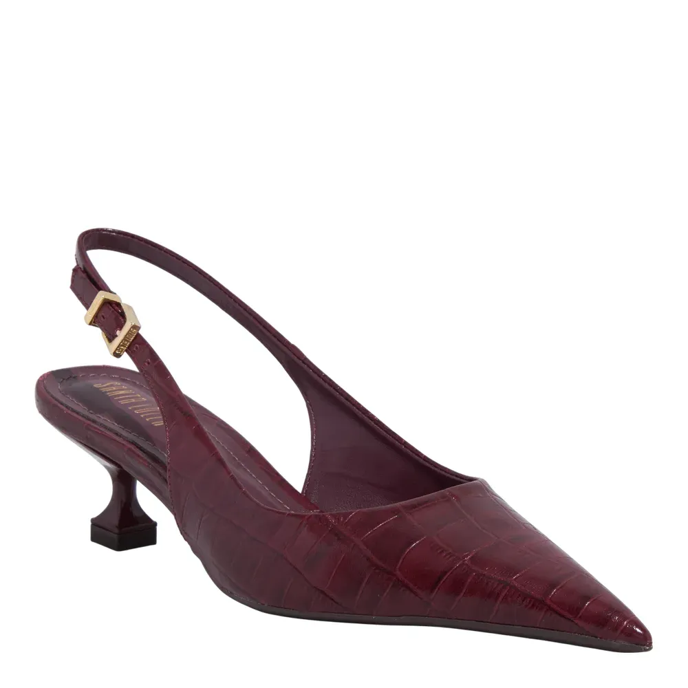Scarpin Slingback Couro Croco Roxo Berry Bico Fino Salto Baixo
