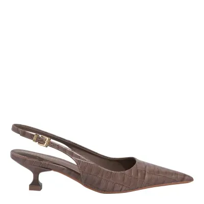 Scarpin Slingback Couro Croco Cinza Fog Bico Fino Salto Baixo