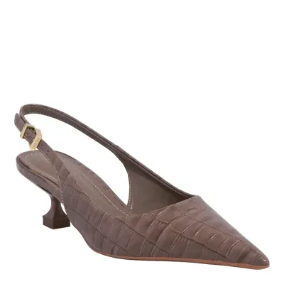 Scarpin Slingback Couro Croco Cinza Fog Bico Fino Salto Baixo