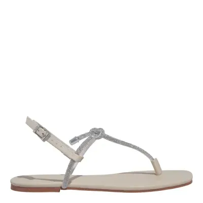 Rasteira Napa Soft Creme Tiras Strass Brilho Bico Quadrado