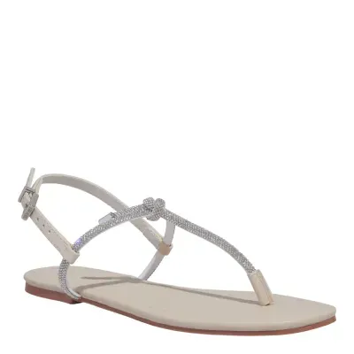 Rasteira Napa Soft Creme Tiras Strass Brilho Bico Quadrado