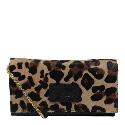 Bolsa Carteira Couro Animal Print Onça Alça de Ombro Corrente