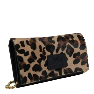 Bolsa Carteira Couro Animal Print Onça Alça de Ombro Corrente